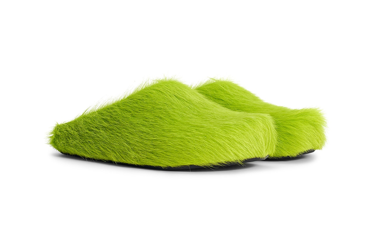 Marni Leather Sabot Shoes Mules "Light Lime" Green Monster Furry Loafer Backless Spring Summer 2021 Francesco Risso Viral Footwear Cozy Indoor Lockdown Trends