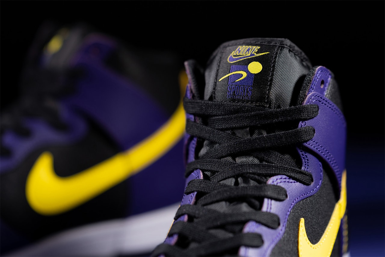 nike dunk high emb lakers black purple yellow DH0642-001 release info date store list buying guide photos price 