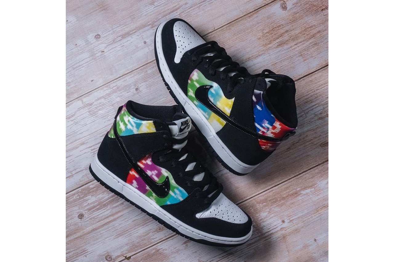 nike sb skateboarding dunk high tv signal white black multicolor print europe release date info photos price store list buying guide