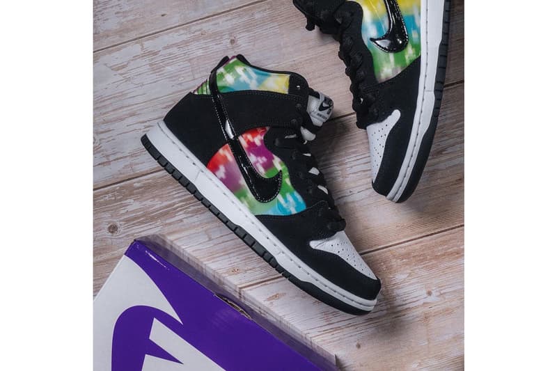 nike sb skateboarding dunk high tv signal white black multicolor print europe release date info photos price store list buying guide