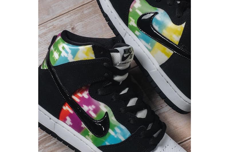 nike sb skateboarding dunk high tv signal white black multicolor print europe release date info photos price store list buying guide