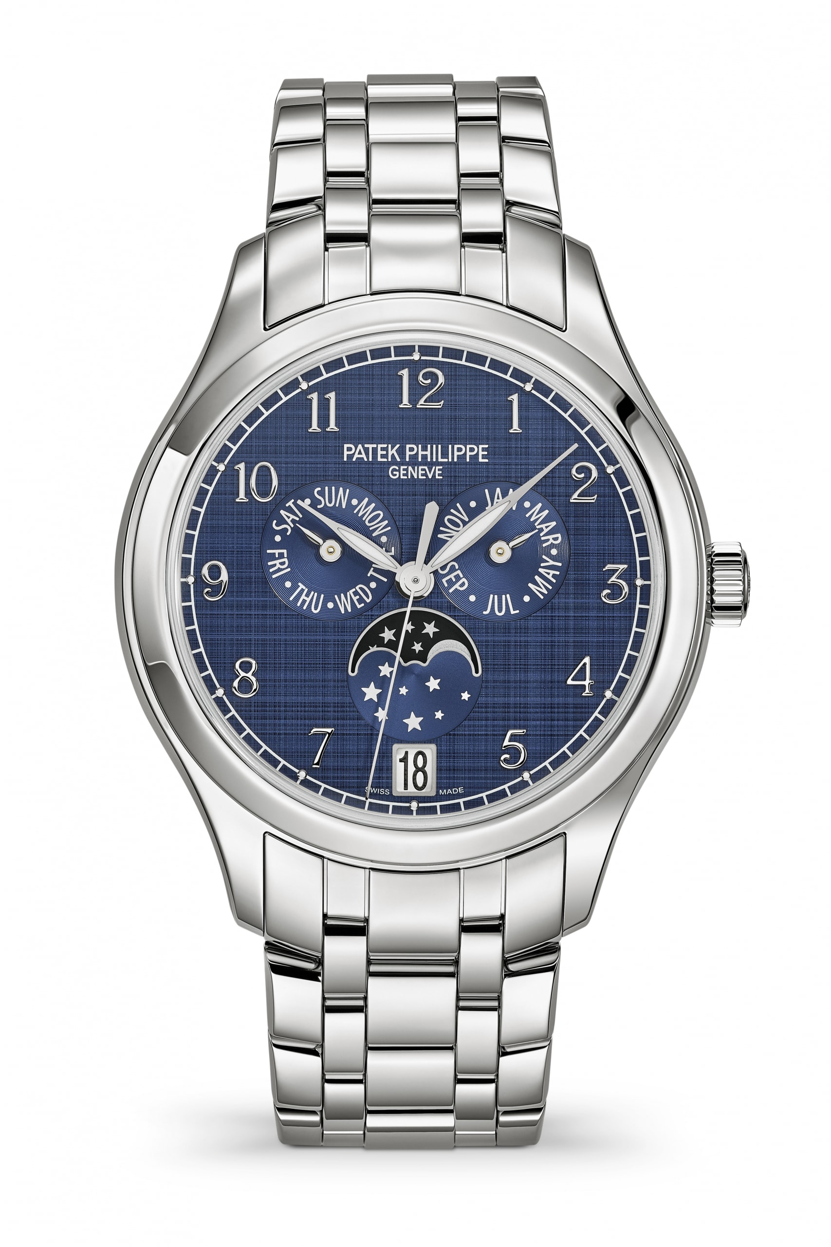 Patek Philippe Drops 4947 Polished Stainless Steel Annual Calendar With Five Link Bracelet and Shantung Dial