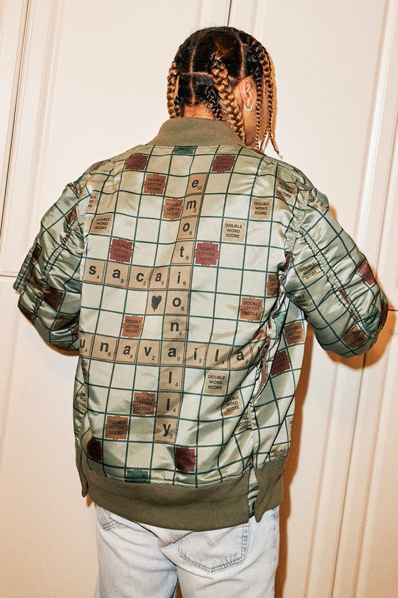 sacai Joins Forces With Emotionally Unavailable for a Scrabble-Inspired Collection 24kgoldn rapper scrabble collaboration lookbooks chitose abe edison chen clot kb ma-1 sacai x emotionally unavailable 