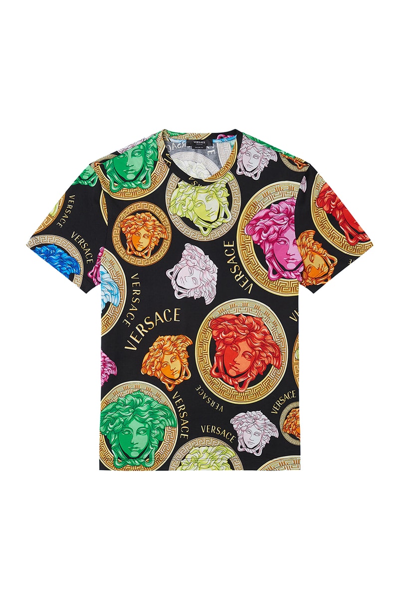 Versace "Amplified Medusa" Graphic Logo Collection branding price sneakers shoes sandals belt tee shirt jacket bathrobe summer spring 2021 black white print pattern track shorts menswear