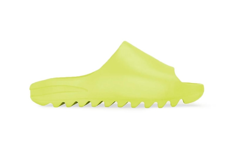 adidas YEEZY SLIDE "Glow Green" Kanye West Injected EVA Foam Sliders Slides Indoor Slipper Cozy Mule Backless Three Stripes First Look Release Information Kim Kardashian KKW