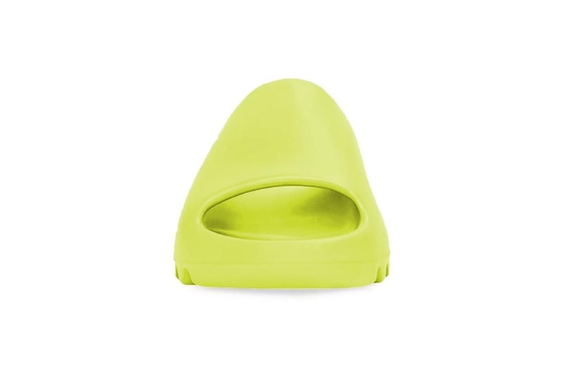 adidas YEEZY SLIDE "Glow Green" Kanye West Injected EVA Foam Sliders Slides Indoor Slipper Cozy Mule Backless Three Stripes First Look Release Information Kim Kardashian KKW