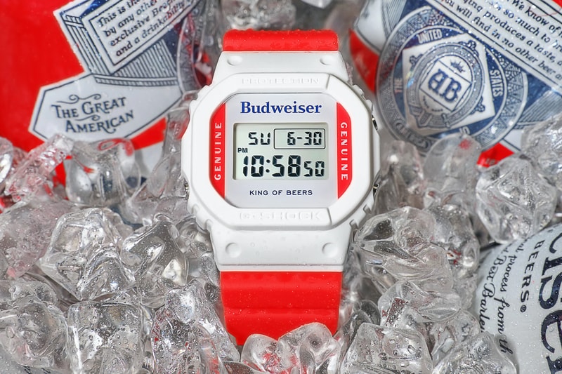 Budweiser Casio G Shock DW 5600 BUD20 menswear streetwear watches accessories king of beer packaging tallboy 12 pack info