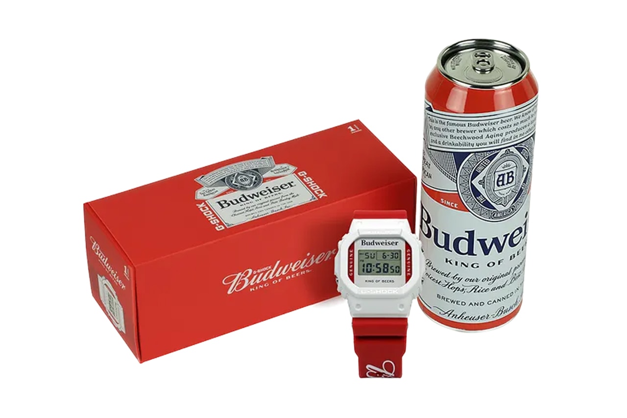 Budweiser Casio G Shock DW 5600 BUD20 menswear streetwear watches accessories king of beer packaging tallboy 12 pack info