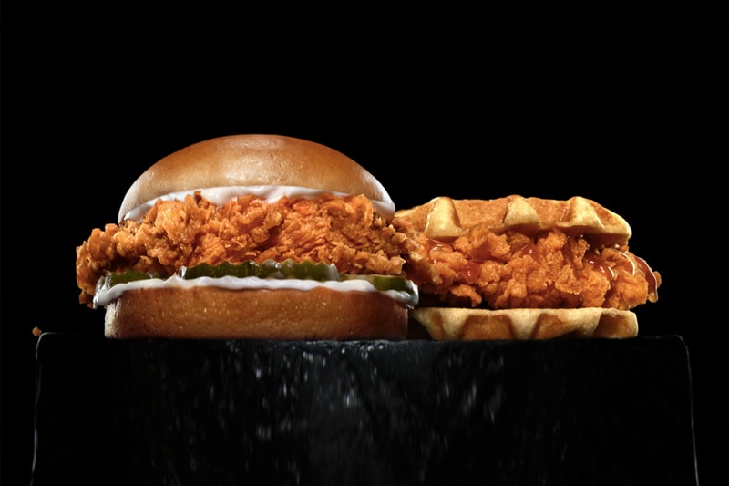 Carls Jr Hardees Hand Breaded Chicken Sandwich biscuit belgian waffle mayonnaise pickle maple buttermilk crispy all white tender info