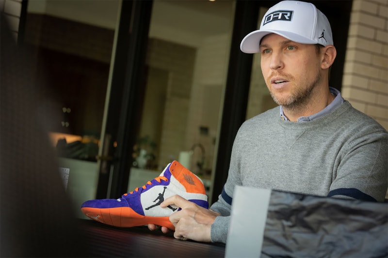denny hamlin air jordan 1 racer pe info purple orange embossed pattern fireproof suede racing track jordan brand
