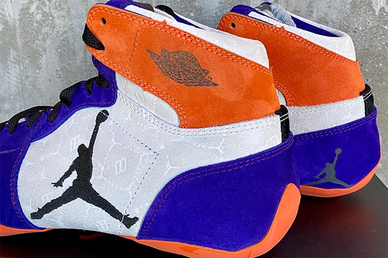 denny hamlin air jordan 1 racer pe info purple orange embossed pattern fireproof suede racing track jordan brand