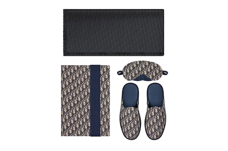 Dior Men First-Ever Homewear Kit Release Info Oblique Jacquard fashion slipper pouch eye mask stole navy blue black beige