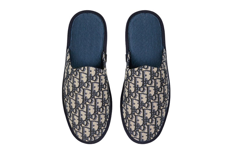 Dior Men First-Ever Homewear Kit Release Info Oblique Jacquard fashion slipper pouch eye mask stole navy blue black beige