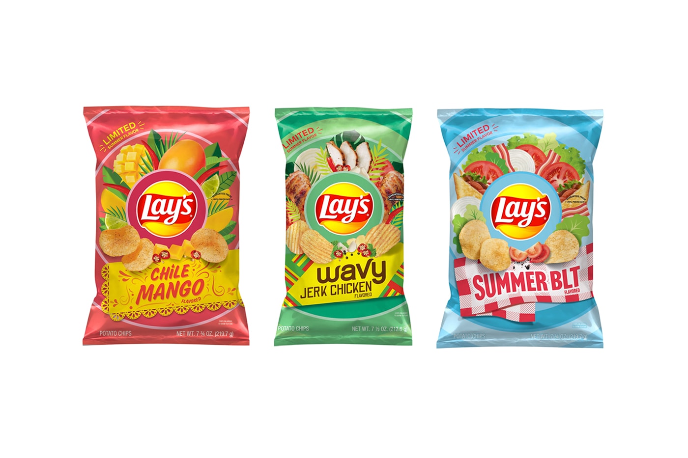 Frito Lay limited edition Lays Chile Mango Wavy Jerk Chicken Summer BLT flavor snacks chips crisps bacon tomato lettuce chile peppers tropical info