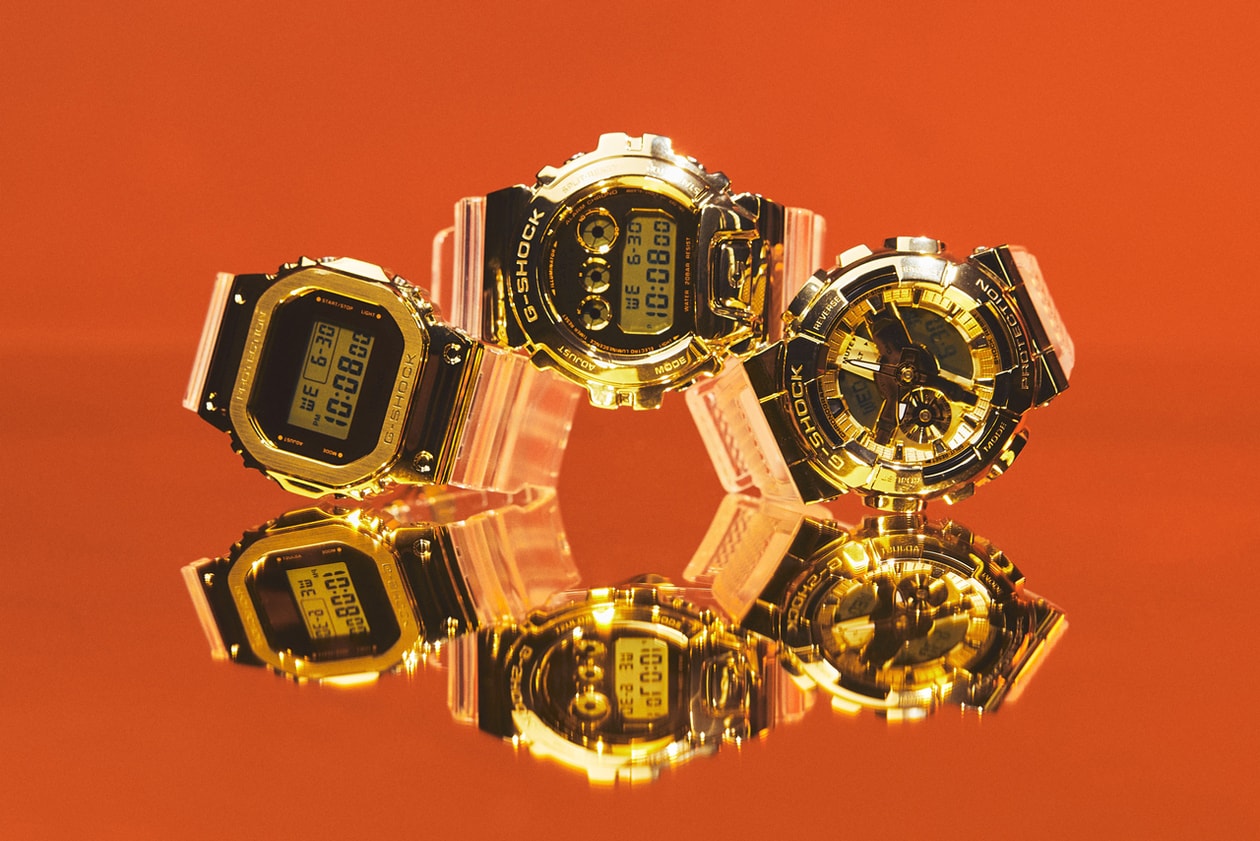 “Glacier Gold” series 2018, metal finishings, each watch’s resin build with gold and silver embellishments, stainless steel bezels, ion plating, multiple stages of forging and polishing, signature feature, date calendar and backlight, shock-proof, shock resist, gold colorways, silver iterations w/ camo pattern, 200-meter waterproofing, world clock, stopwatch, timer and alarm clock