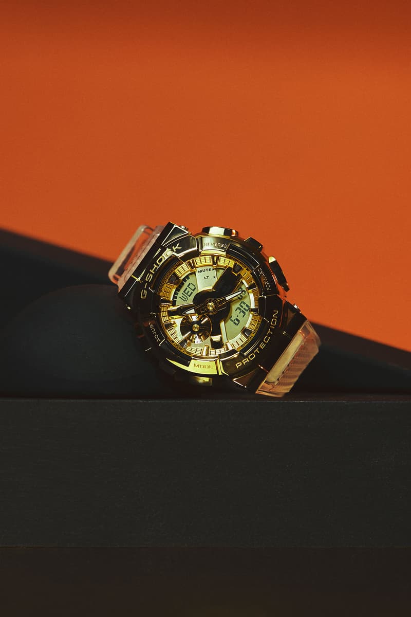 “Glacier Gold” series 2018, metal finishings, each watch’s resin build with gold and silver embellishments, stainless steel bezels, ion plating, multiple stages of forging and polishing, signature feature, date calendar and backlight, shock-proof, shock resist, gold colorways, silver iterations w/ camo pattern, 200-meter waterproofing, world clock, stopwatch, timer and alarm clock