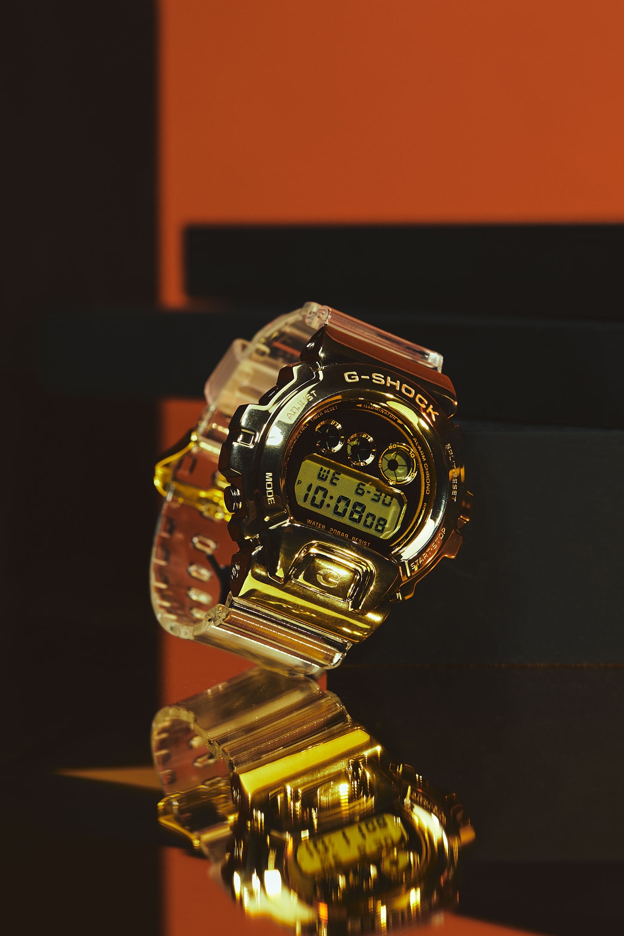 “Glacier Gold” series 2018, metal finishings, each watch’s resin build with gold and silver embellishments, stainless steel bezels, ion plating, multiple stages of forging and polishing, signature feature, date calendar and backlight, shock-proof, shock resist, gold colorways, silver iterations w/ camo pattern, 200-meter waterproofing, world clock, stopwatch, timer and alarm clock