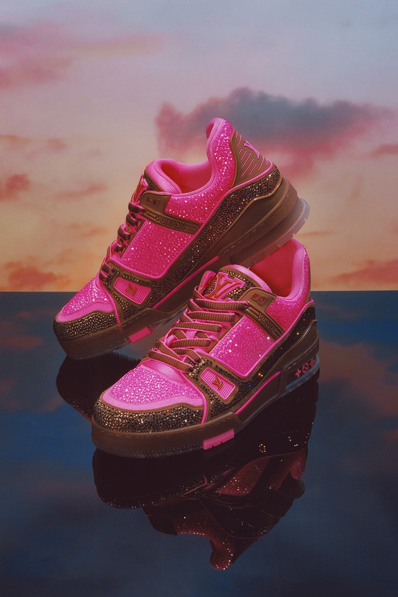 louis vuitton spring summer 2021 lv trainer colorways pink rhinestone silver white yellow green burgundy orange neon sandals