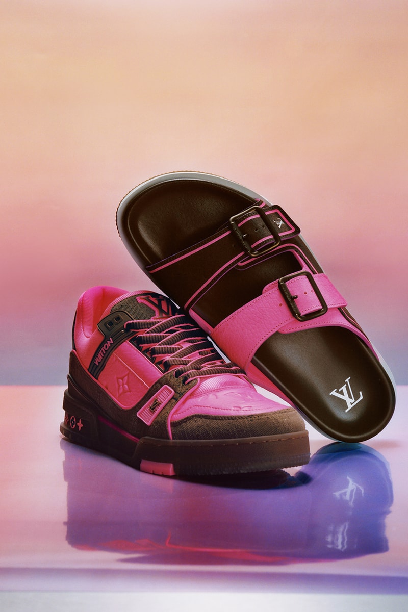 louis vuitton spring summer 2021 lv trainer colorways pink rhinestone silver white yellow green burgundy orange neon sandals