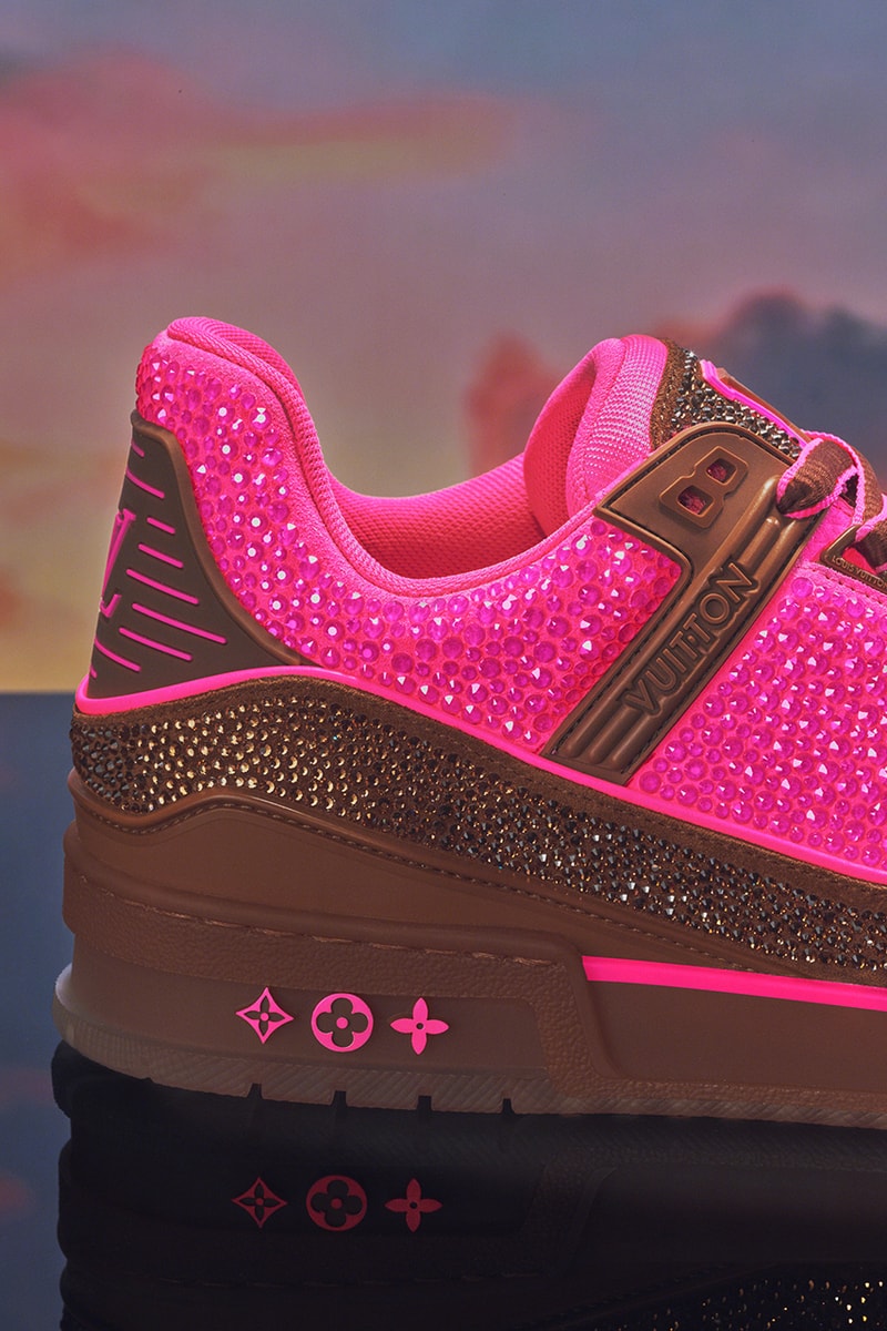 louis vuitton spring summer 2021 lv trainer colorways pink rhinestone silver white yellow green burgundy orange neon sandals