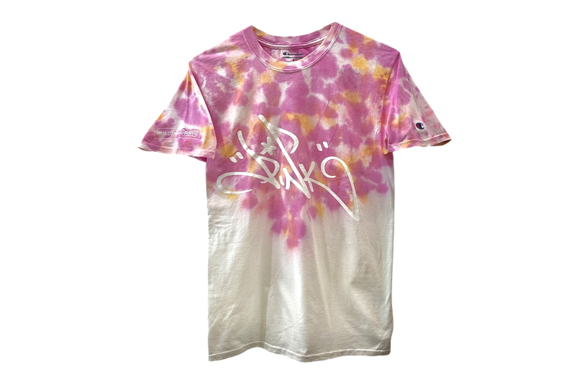 museum graffiti artist pink tie-dye champion athletic shirt summer