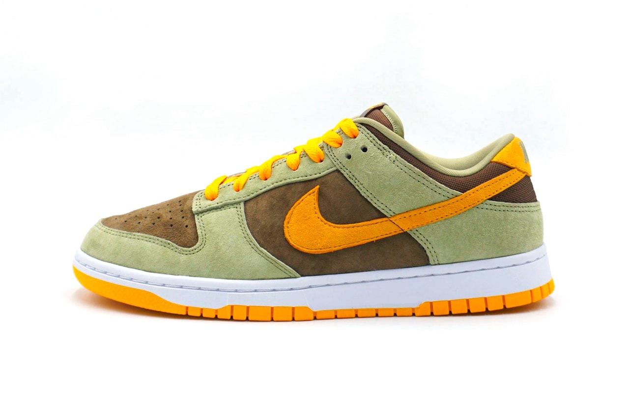 nike sportswear dunk low olive green gold yellow brown ugly duckling suede dh5360 300 official release date info photos price store list buying guide