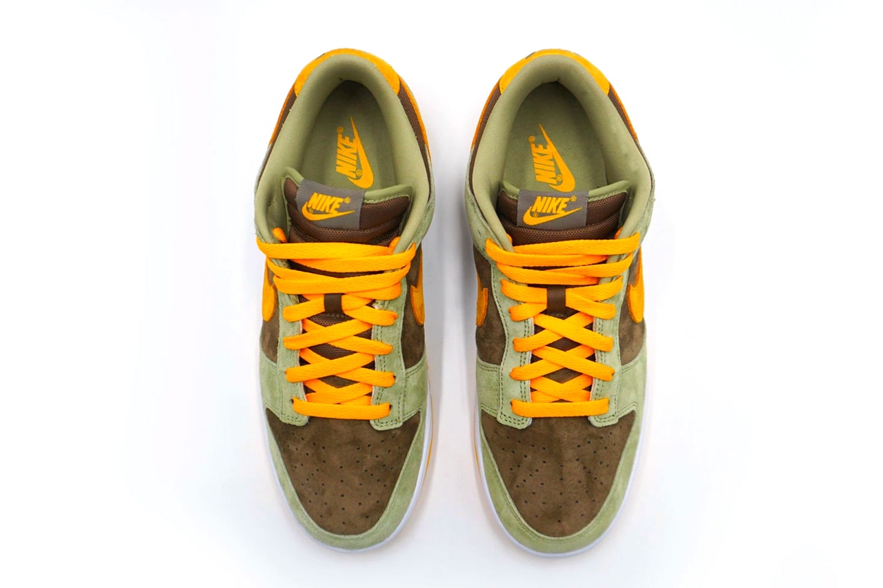 nike sportswear dunk low olive green gold yellow brown ugly duckling suede dh5360 300 official release date info photos price store list buying guide