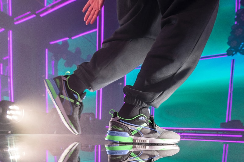 PUMA Mirage Tech Sneaker footwear edm electronic dance music dj snake purple green neon bright colors dubai release info trainers jogging retro track and field