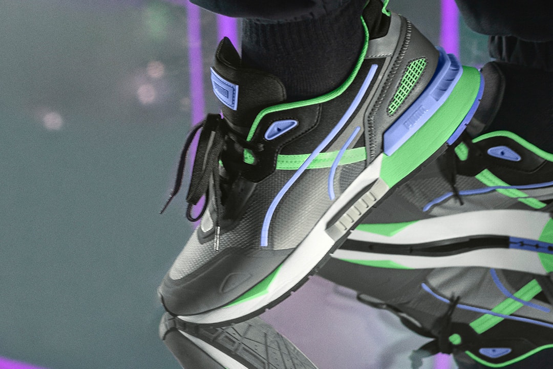 PUMA Mirage Tech Sneaker footwear edm electronic dance music dj snake purple green neon bright colors dubai release info trainers jogging retro track and field
