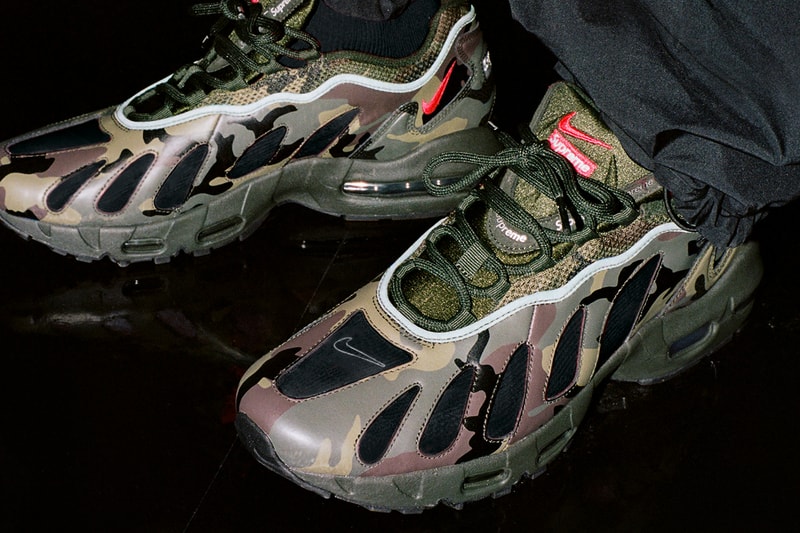 Supreme Nike Air Max 96 Spring 2021 Collab Release Info CV7652-002 CV7652-300 CV7652-001 Black Speed Red Clear Dark Army Metallic Silver Buy Price Date Socks