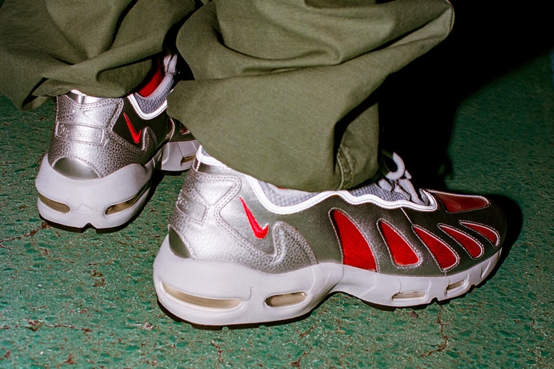 Supreme Nike Air Max 96 Spring 2021 Collab Release Info CV7652-002 CV7652-300 CV7652-001 Black Speed Red Clear Dark Army Metallic Silver Buy Price Date Socks
