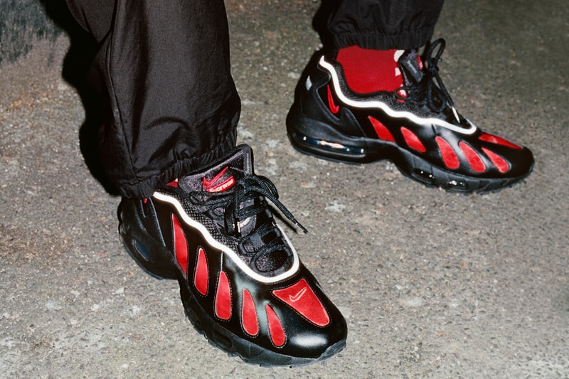 Supreme Nike Air Max 96 Spring 2021 Collab Release Info CV7652-002 CV7652-300 CV7652-001 Black Speed Red Clear Dark Army Metallic Silver Buy Price Date Socks