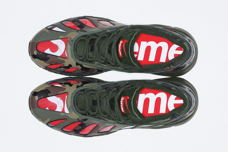 Supreme Nike Air Max 96 Spring 2021 Collab Release Info CV7652-002 CV7652-300 CV7652-001 Black Speed Red Clear Dark Army Metallic Silver Buy Price Date Socks