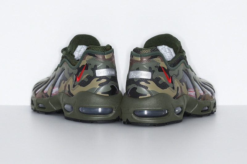 Supreme Nike Air Max 96 Spring 2021 Collab Release Info CV7652-002 CV7652-300 CV7652-001 Black Speed Red Clear Dark Army Metallic Silver Buy Price Date Socks