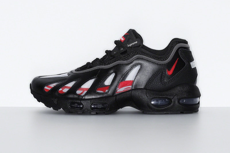 Supreme Nike Air Max 96 Spring 2021 Collab Release Info CV7652-002 CV7652-300 CV7652-001 Black Speed Red Clear Dark Army Metallic Silver Buy Price Date Socks