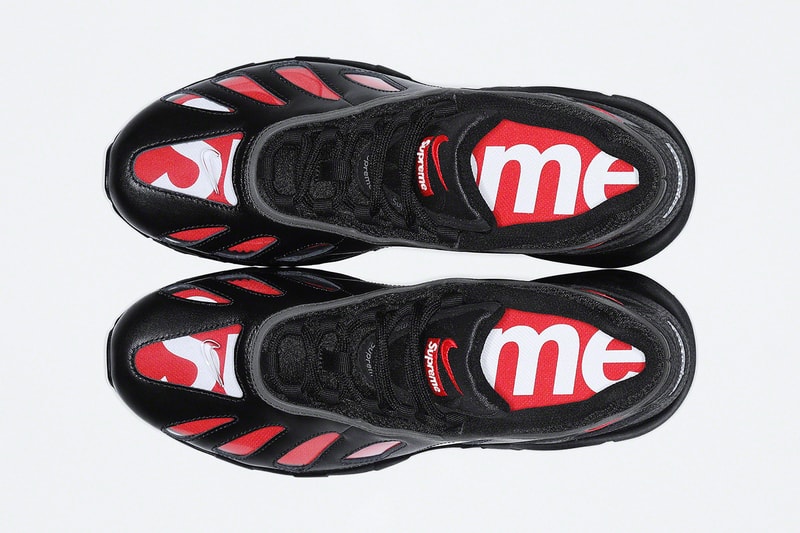 Supreme Nike Air Max 96 Spring 2021 Collab Release Info CV7652-002 CV7652-300 CV7652-001 Black Speed Red Clear Dark Army Metallic Silver Buy Price Date Socks