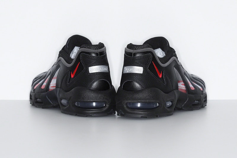 Supreme Nike Air Max 96 Spring 2021 Collab Release Info CV7652-002 CV7652-300 CV7652-001 Black Speed Red Clear Dark Army Metallic Silver Buy Price Date Socks