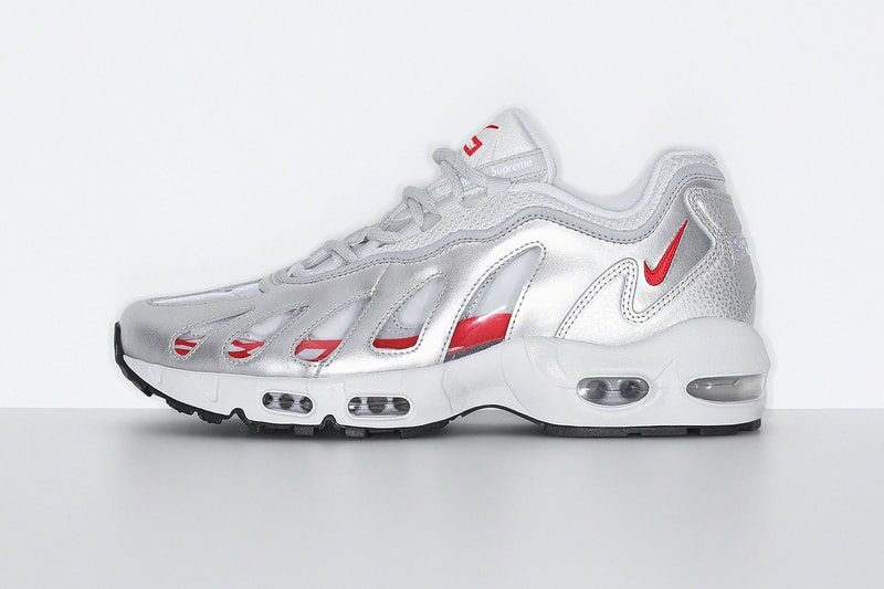Supreme Nike Air Max 96 Spring 2021 Collab Release Info CV7652-002 CV7652-300 CV7652-001 Black Speed Red Clear Dark Army Metallic Silver Buy Price Date Socks