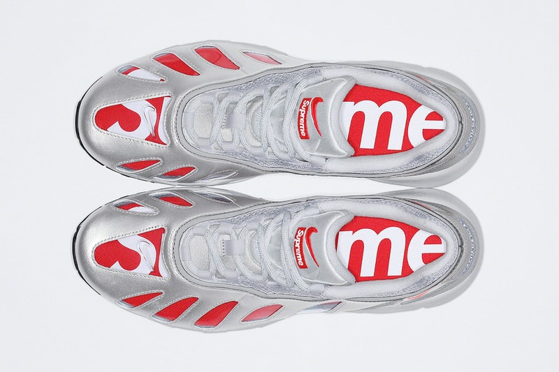 Supreme Nike Air Max 96 Spring 2021 Collab Release Info CV7652-002 CV7652-300 CV7652-001 Black Speed Red Clear Dark Army Metallic Silver Buy Price Date Socks