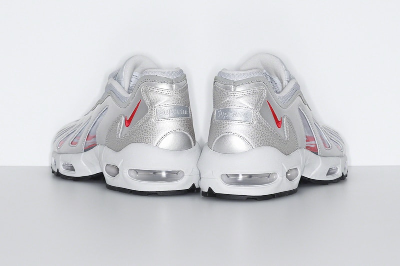 Supreme Nike Air Max 96 Spring 2021 Collab Release Info CV7652-002 CV7652-300 CV7652-001 Black Speed Red Clear Dark Army Metallic Silver Buy Price Date Socks