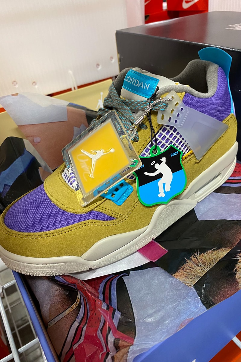 union la chris gibbs air michael jordan brand 4 desert moss turquoise blue dark iris purple yellow DJ5718 300 official release date info photos price store list buying guide