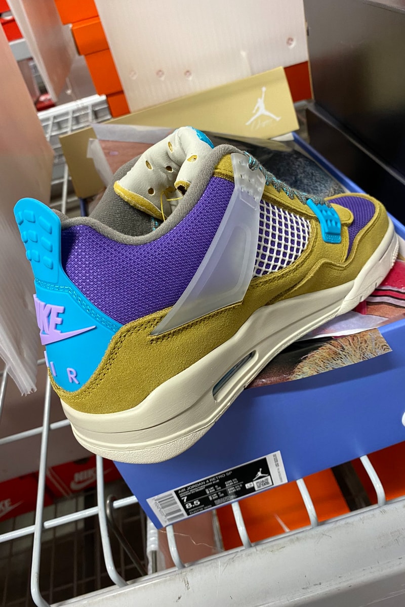 union la chris gibbs air michael jordan brand 4 desert moss turquoise blue dark iris purple yellow DJ5718 300 official release date info photos price store list buying guide