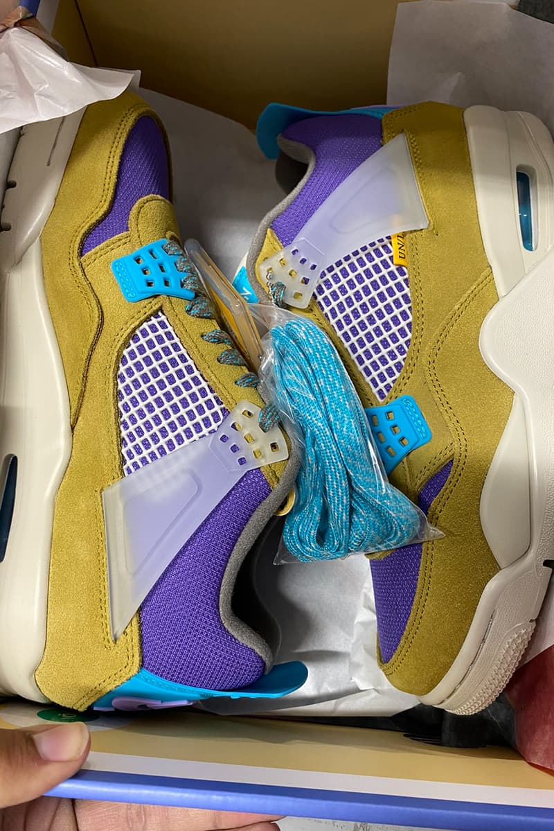 union la chris gibbs air michael jordan brand 4 desert moss turquoise blue dark iris purple yellow DJ5718 300 official release date info photos price store list buying guide