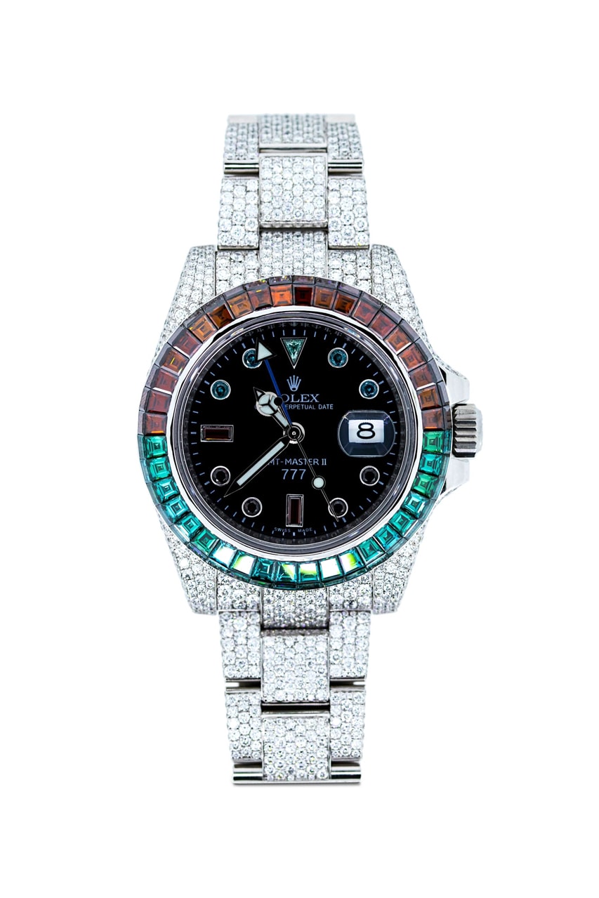 777 Customized Rolex Ice Cold Pepsi GMT-Master II Watch Watches Iced Out Rolley Stainless Steel 20 Carats pavé diamond date window fancy cut stones oyster bracelet 