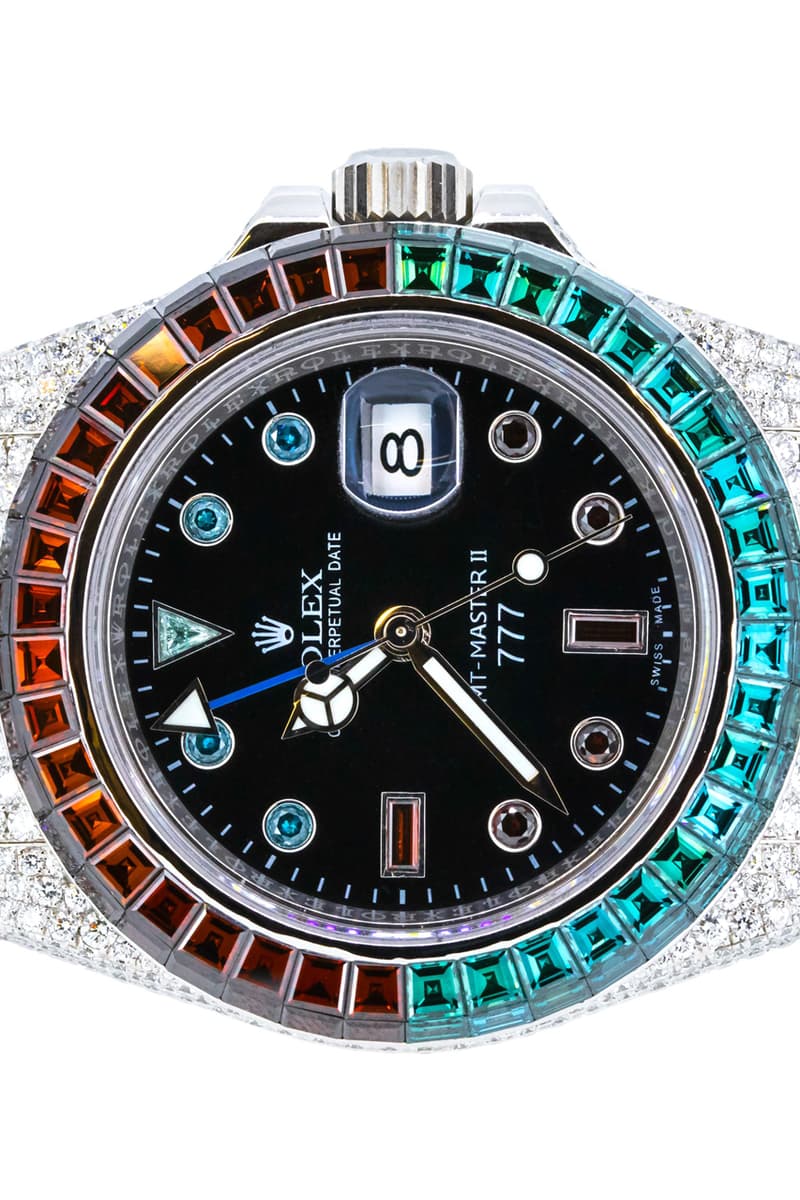 777 Customized Rolex Ice Cold Pepsi GMT-Master II Watch Watches Iced Out Rolley Stainless Steel 20 Carats pavé diamond date window fancy cut stones oyster bracelet 