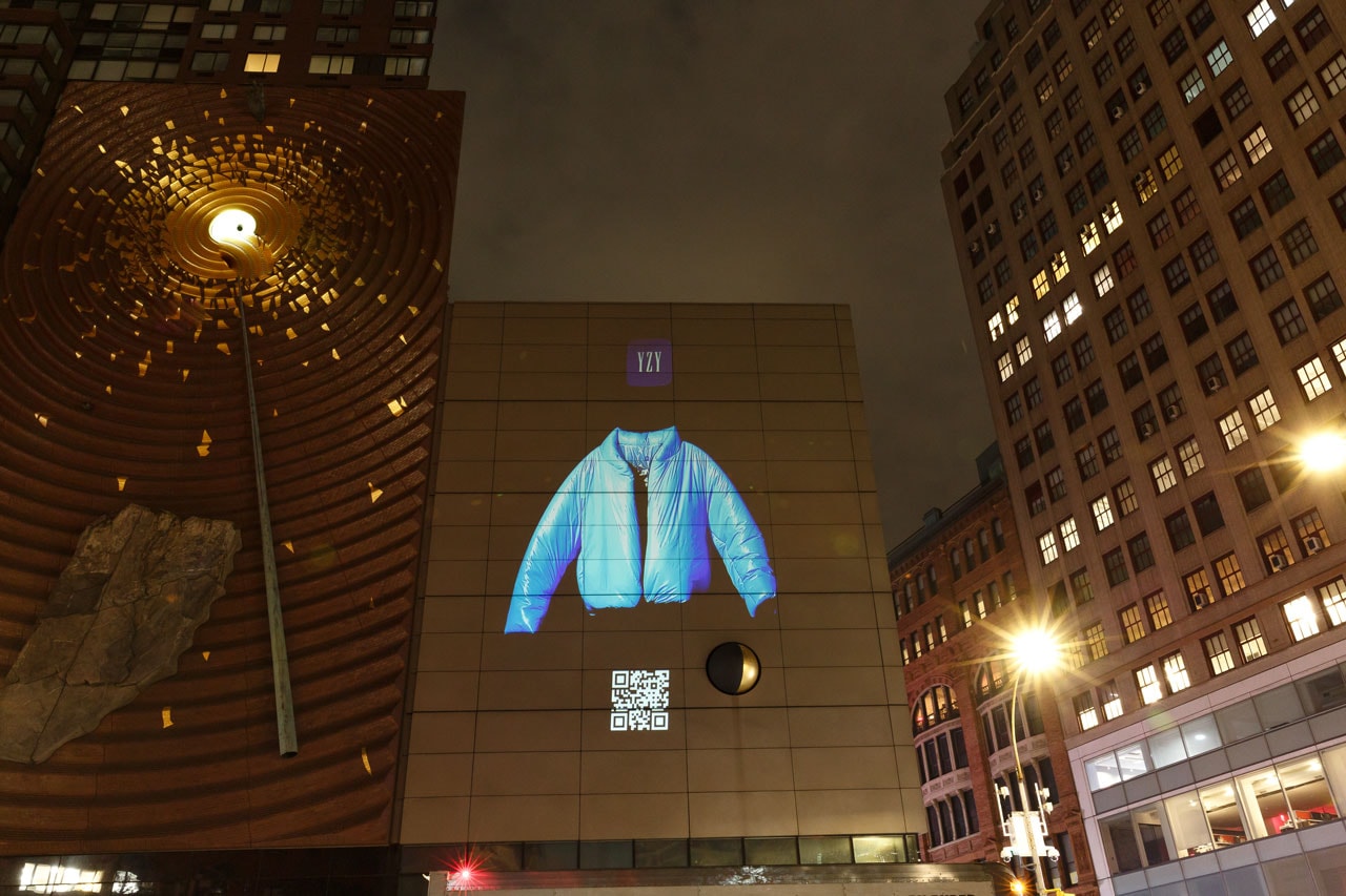 "Floating Projections" of the YEEZY Gap Round Jacket Illuminate New York City Los Angeles Chicago debut inaugural release announcement ten year partnership info