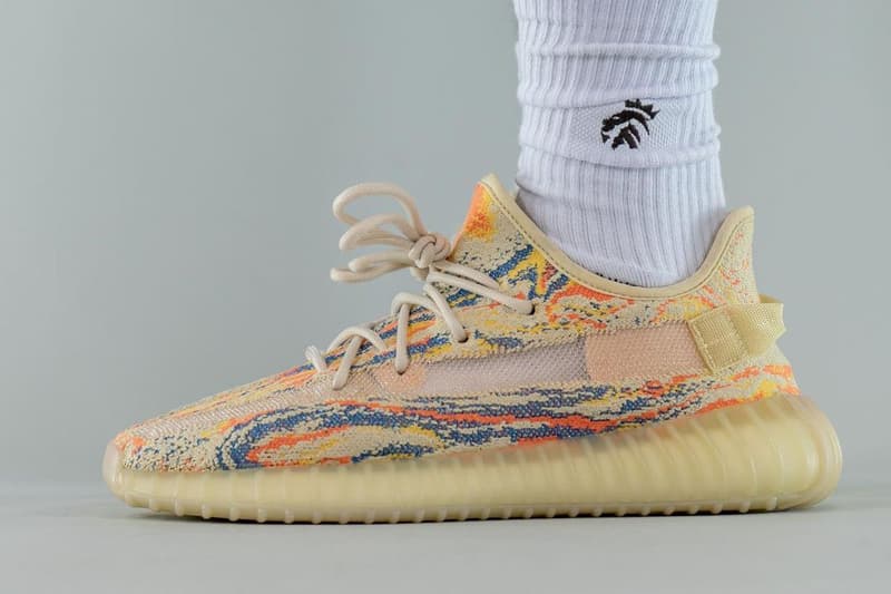 kanye west adidas yeezy boost 350 v2 mx oat GW3773 tan orange yellow blue pattern official release date info photos price store list buying guide