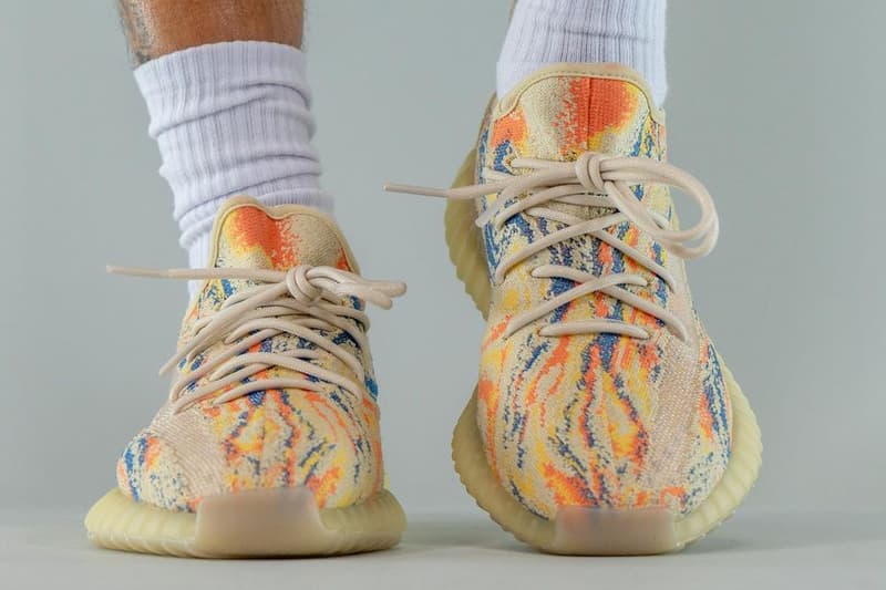 kanye west adidas yeezy boost 350 v2 mx oat GW3773 tan orange yellow blue pattern official release date info photos price store list buying guide