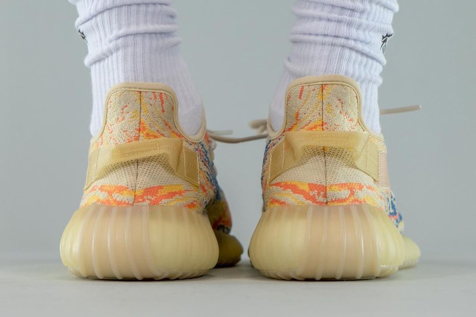kanye west adidas yeezy boost 350 v2 mx oat GW3773 tan orange yellow blue pattern official release date info photos price store list buying guide