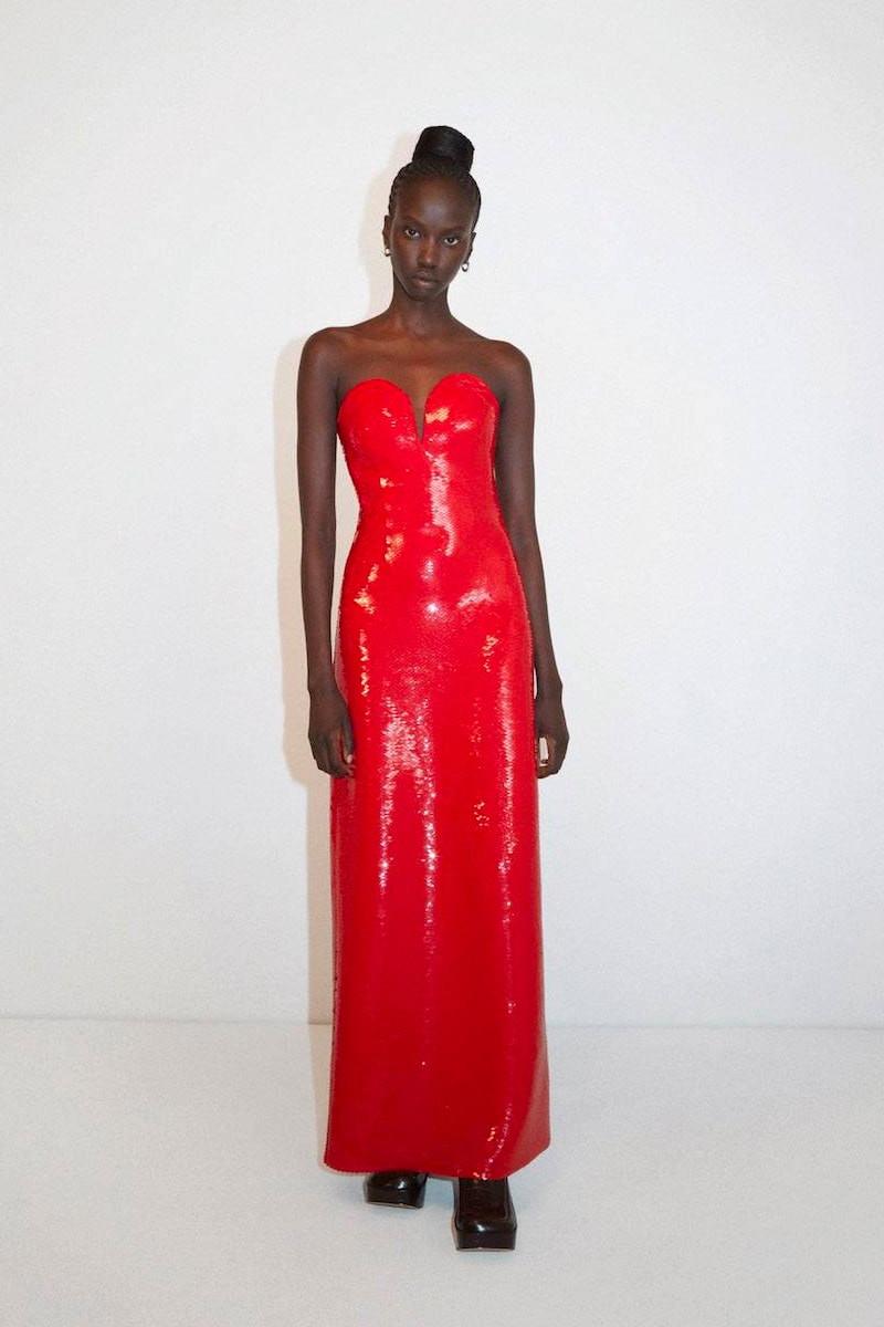 bottega veneta red sequin dress Katy Perry's Bottega Veneta Red Sequin Strapless Dress